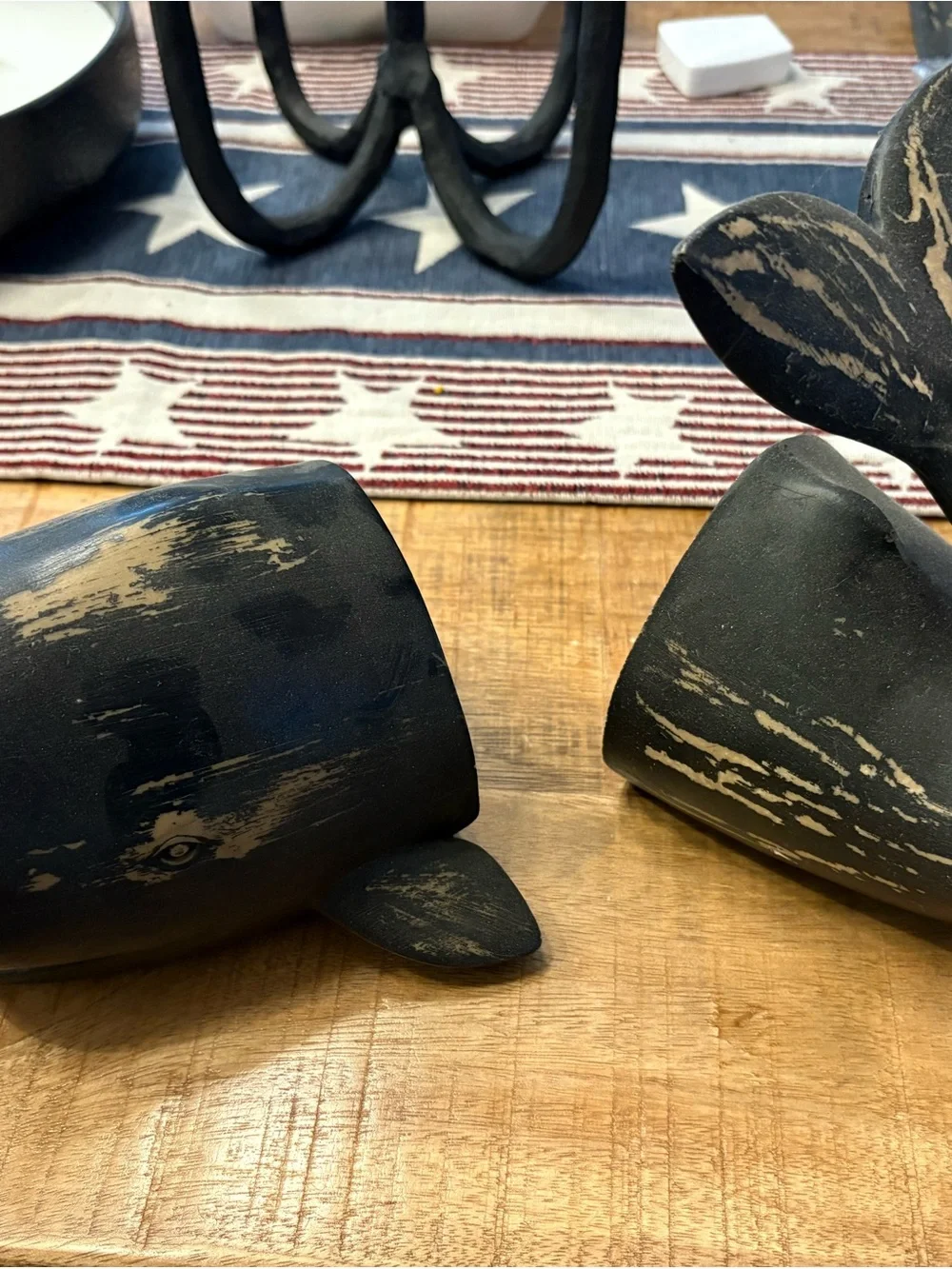 Wooden Whale bookends Sculpture in Distressed Navy